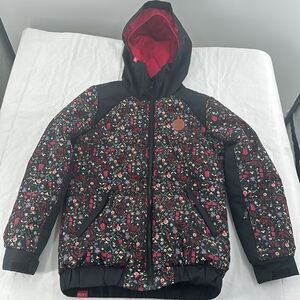 Roxy Coat Girls 12 Large Black Pink Floral Winter Ski Snowboard DryFlight Hood